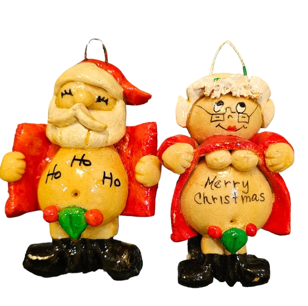 Naughty Santa & Mrs Claus Handcrafted Salt Dough Clay Vintage Christmas Ornament